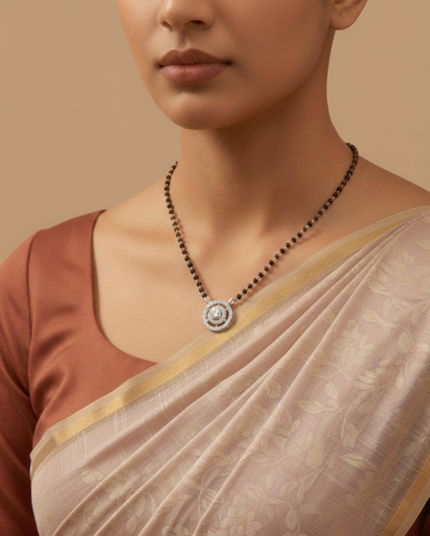 Round Solitaire Concentric Halo CZ Mangalsutra Pendant in 925 Sterling Silver