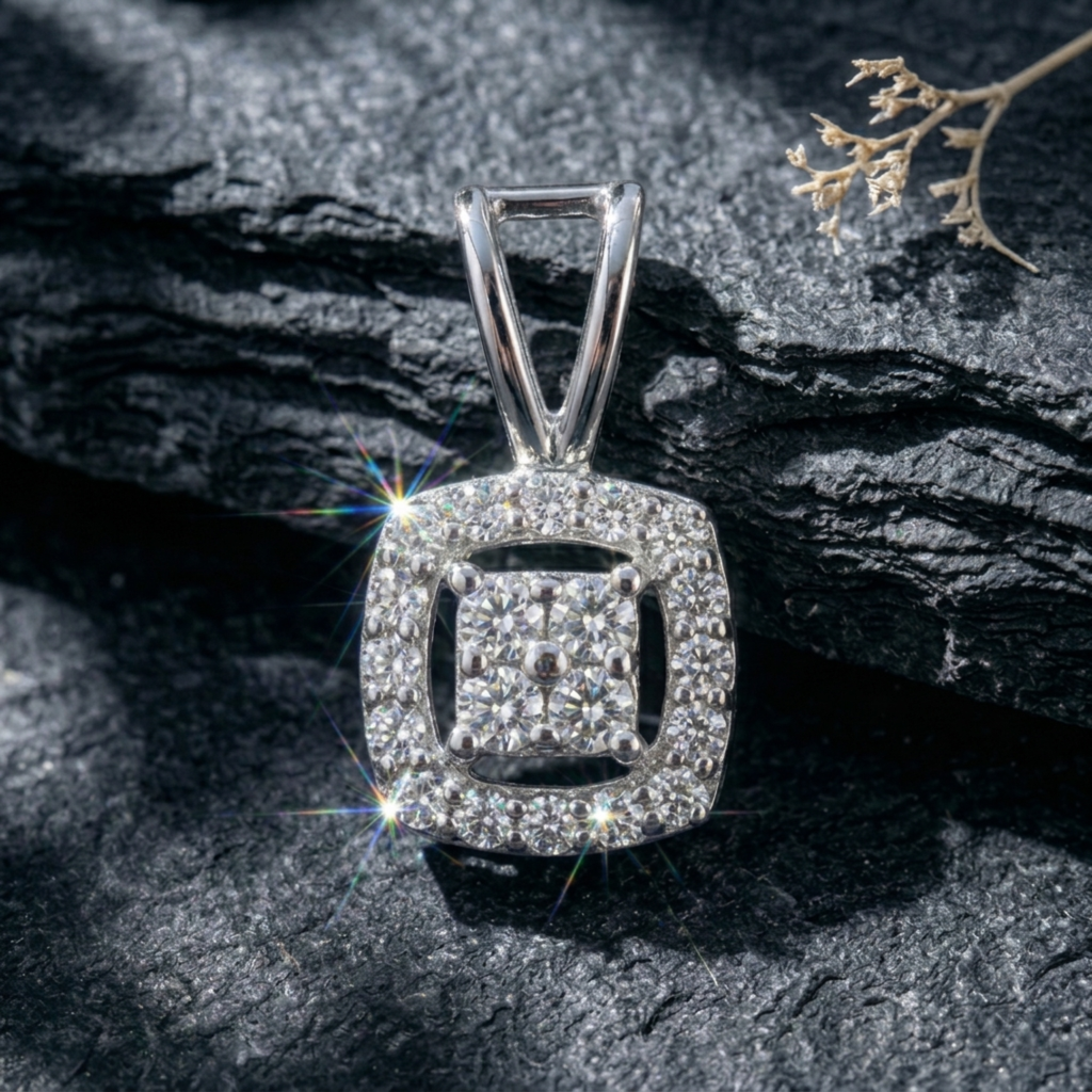 Square Cluster Halo Pendant | 925 Sterling Silver