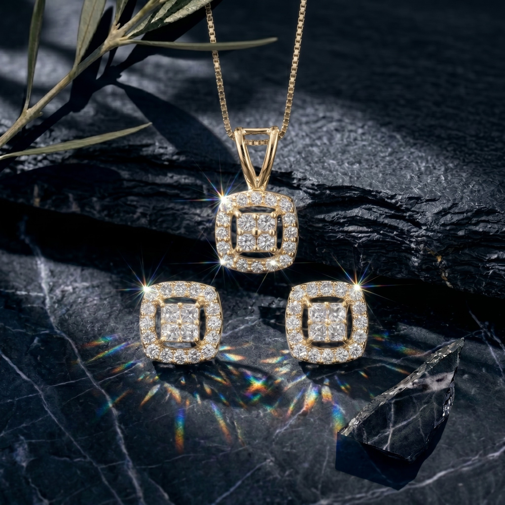 Radiant Square Halo Cluster Pendant Set in 925 Sterling Silver
