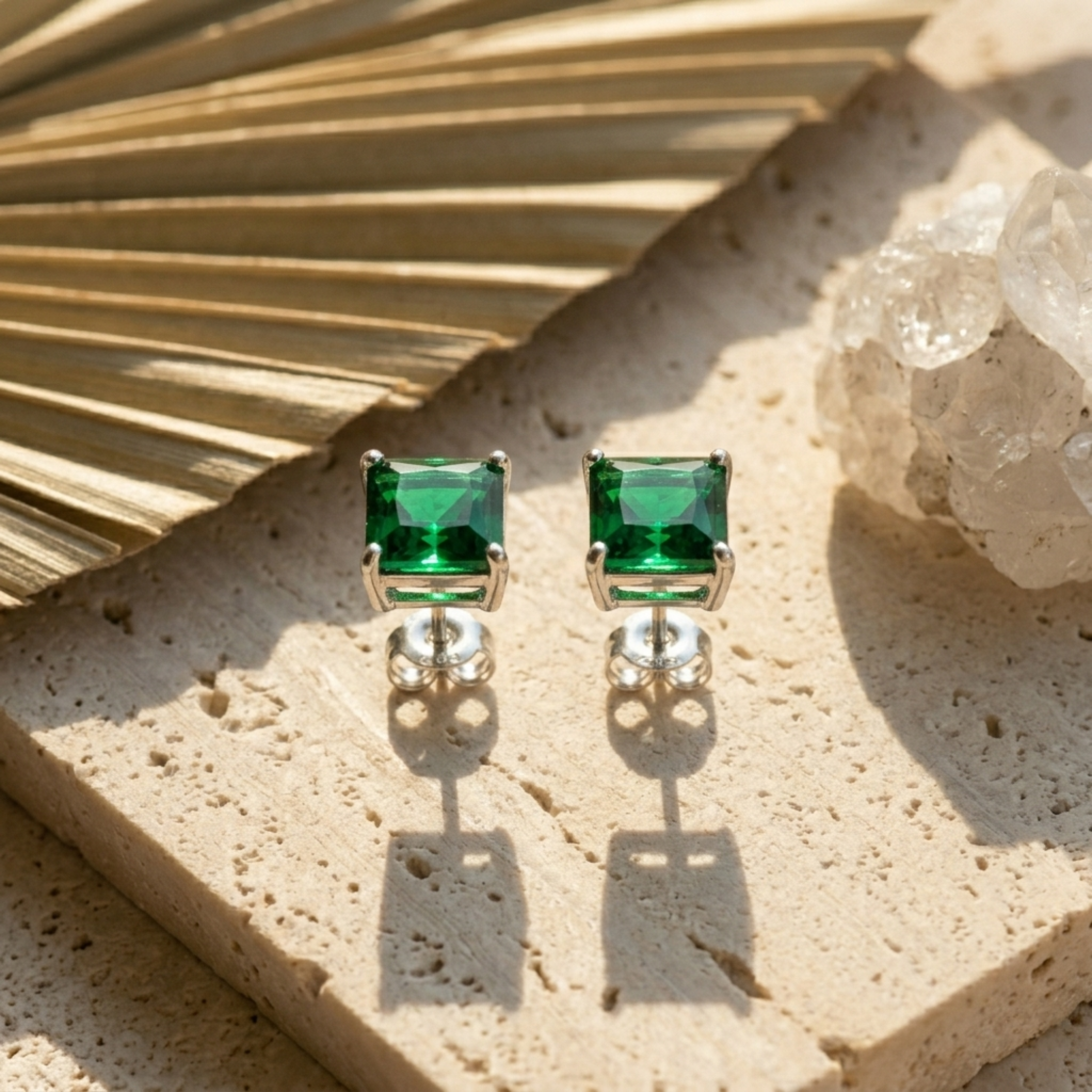 Timeless Square Emerald Studs - 925 Sterling Silver
