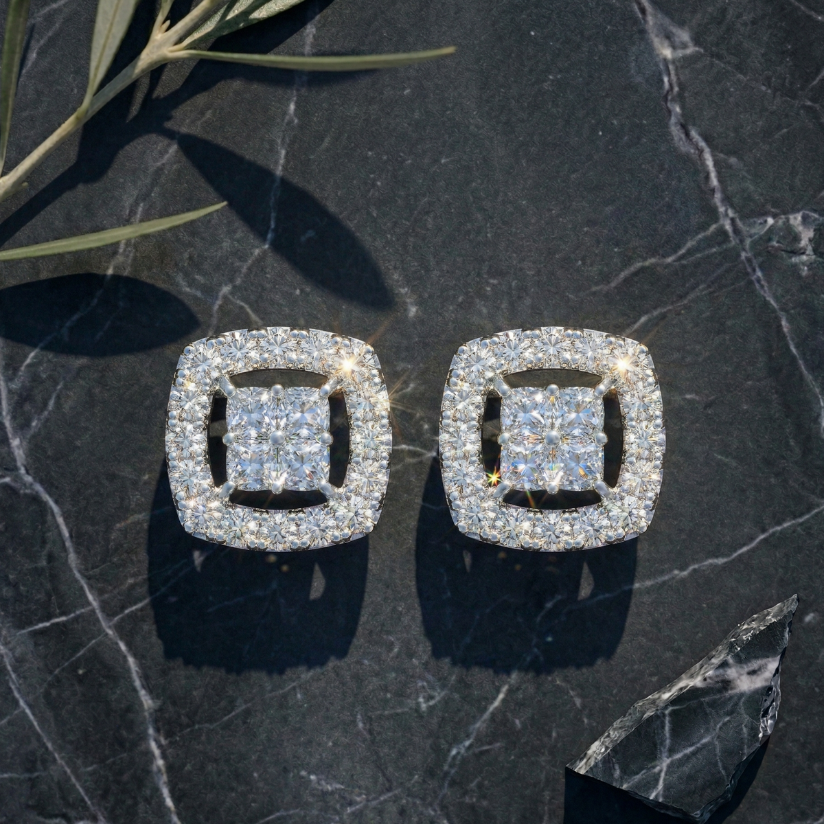 Structural Square Halo Studs - 925 Sterling Silver