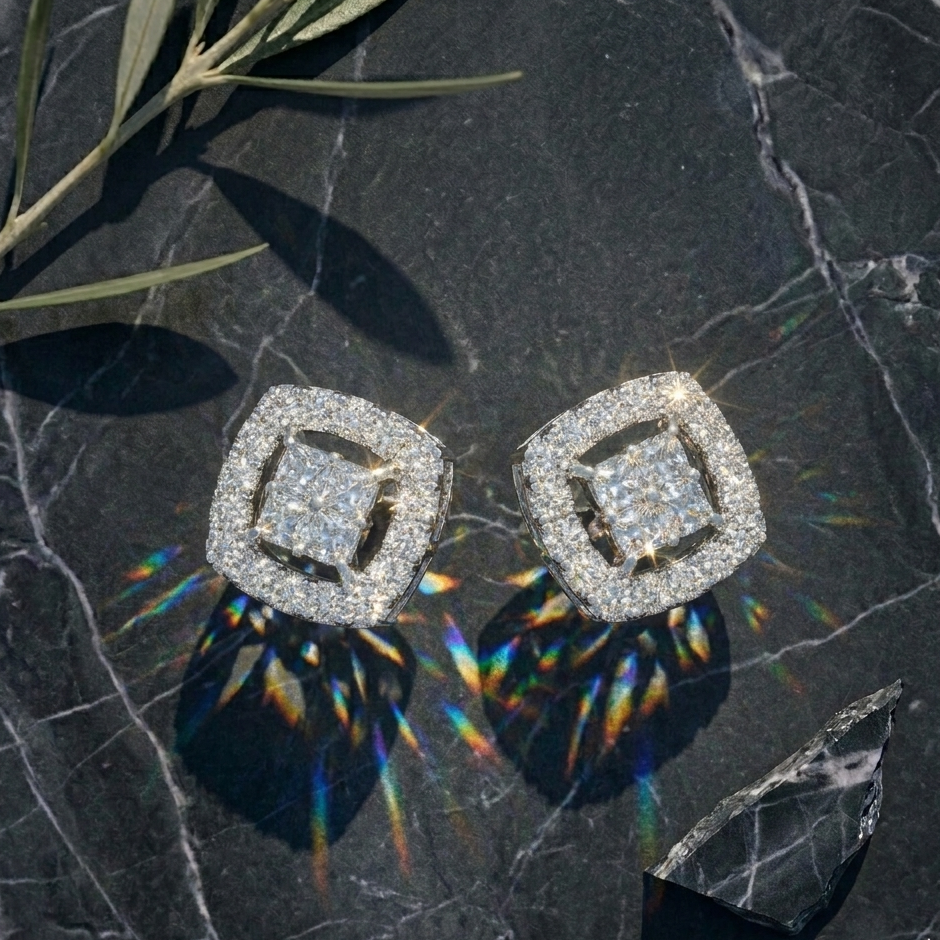 Structural Square Halo Studs - 925 Sterling Silver