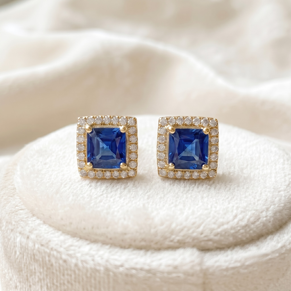 Square Sapphire Blue Halo CZ Studs | 925 Sterling Silver