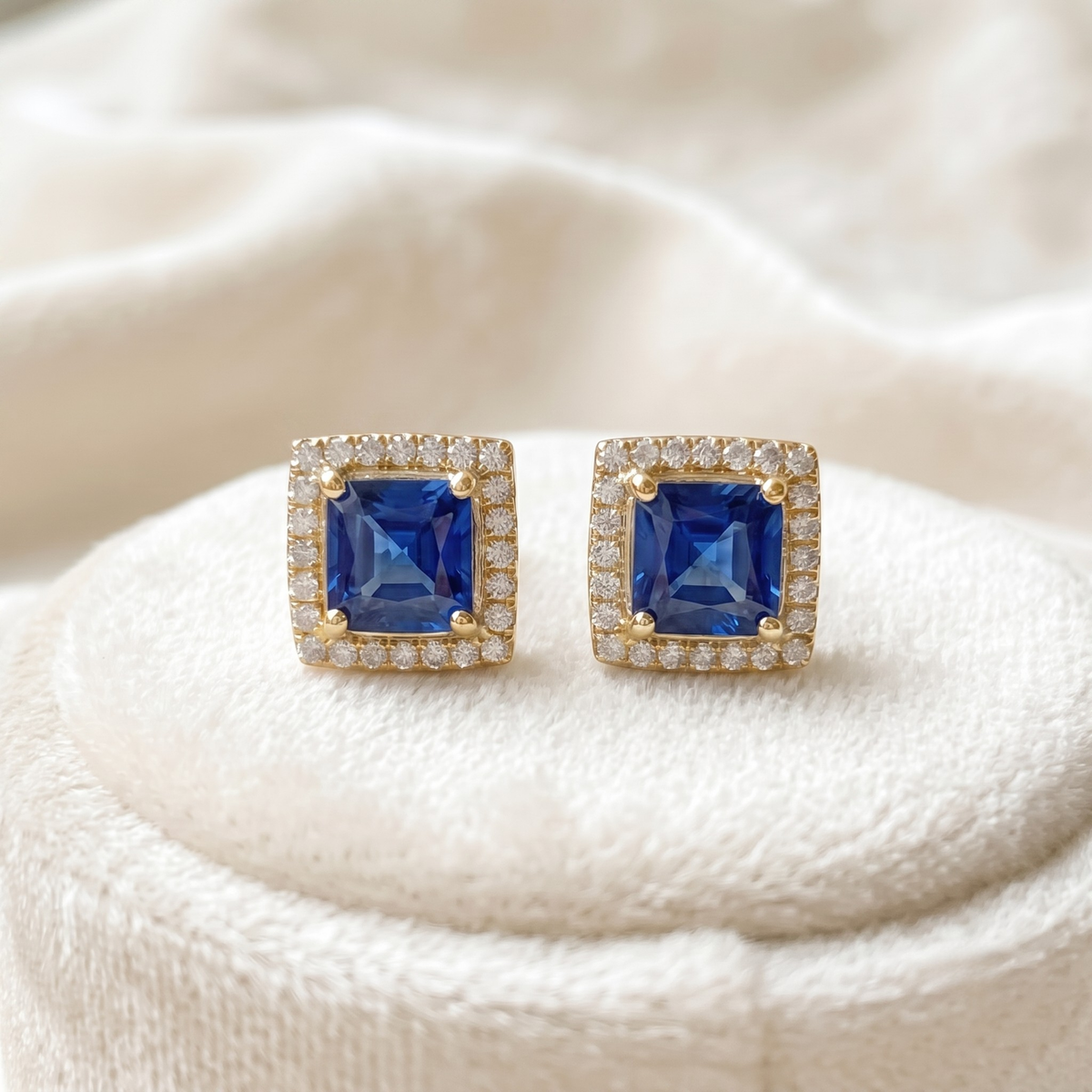 Square Sapphire Blue Halo CZ Studs | 925 Sterling Silver