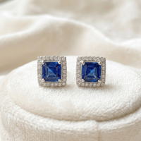 Square Sapphire Blue Halo CZ Studs | 925 Sterling Silver