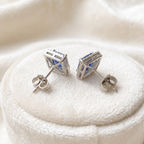 Square Sapphire Blue Halo CZ Studs | 925 Sterling Silver
