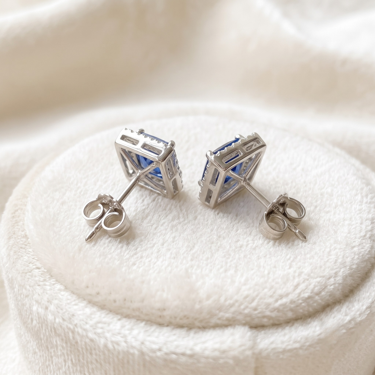 Square Sapphire Blue Halo CZ Studs | 925 Sterling Silver