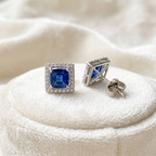 Square Sapphire Blue Halo CZ Studs | 925 Sterling Silver