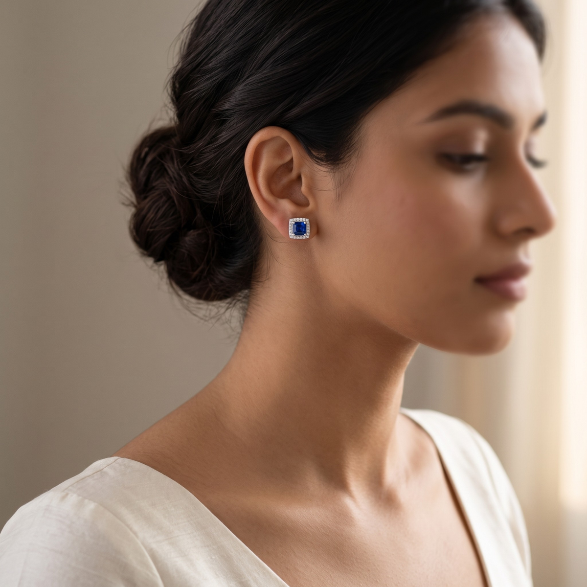 Square Sapphire Blue Halo CZ Studs | 925 Sterling Silver