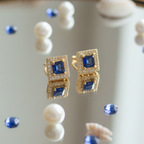 Square Sapphire Blue Halo CZ Studs | 925 Sterling Silver