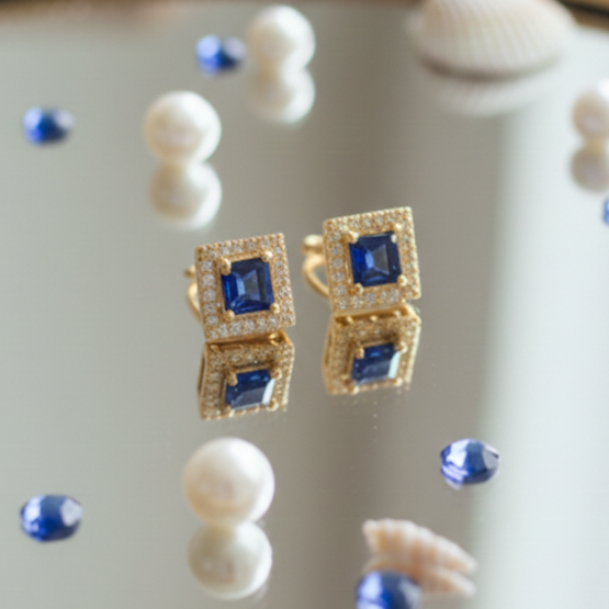 Square Sapphire Blue Halo CZ Studs | 925 Sterling Silver