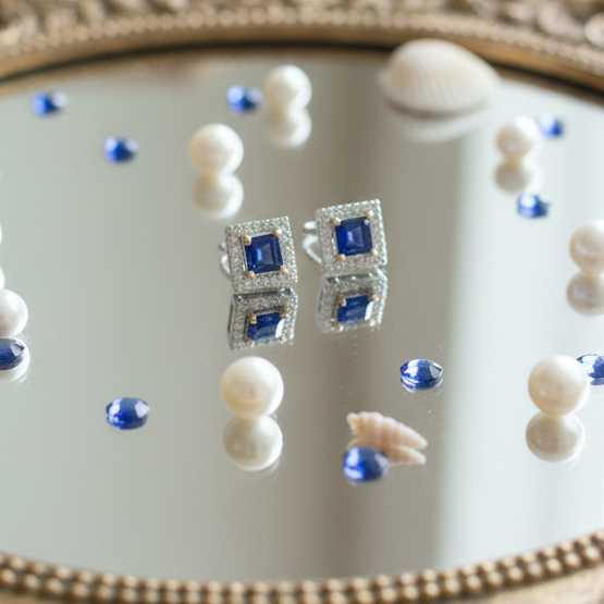 Square Sapphire Blue Halo CZ Studs | 925 Sterling Silver