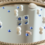Square Sapphire Blue Halo CZ Studs | 925 Sterling Silver