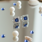 Square Sapphire Blue Halo CZ Studs | 925 Sterling Silver