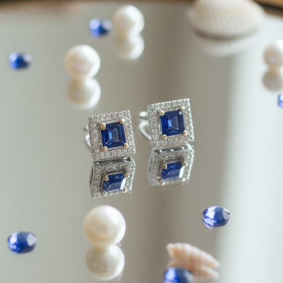 Square Sapphire Blue Halo CZ Studs | 925 Sterling Silver