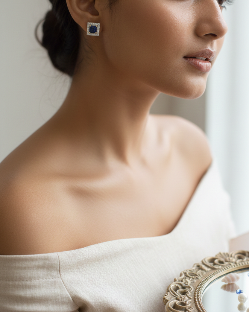 Square Sapphire Blue Halo CZ Studs | 925 Sterling Silver