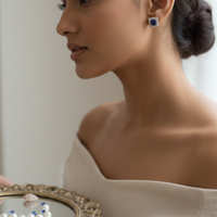 Square Sapphire Blue Halo CZ Studs | 925 Sterling Silver