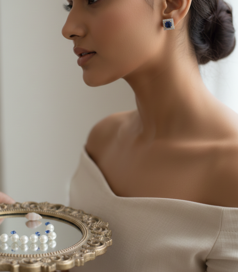 Square Sapphire Blue Halo CZ Studs | 925 Sterling Silver