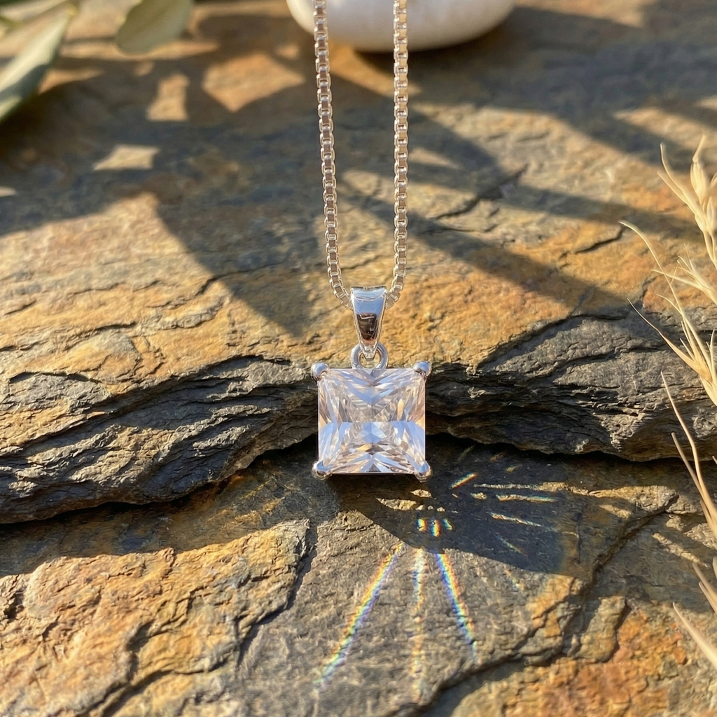 Modern Square Solitaire Pendant | 925 Sterling Silver