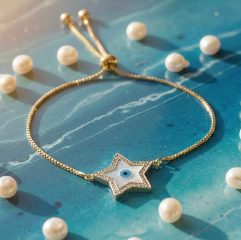 Star & Evil Eye Adjustable Bracelet in 925 Sterling Silver