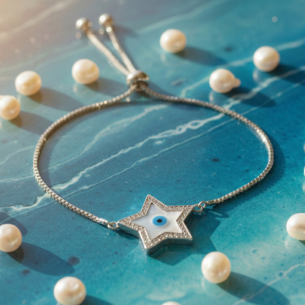 Star & Evil Eye Adjustable Bracelet in 925 Sterling Silver