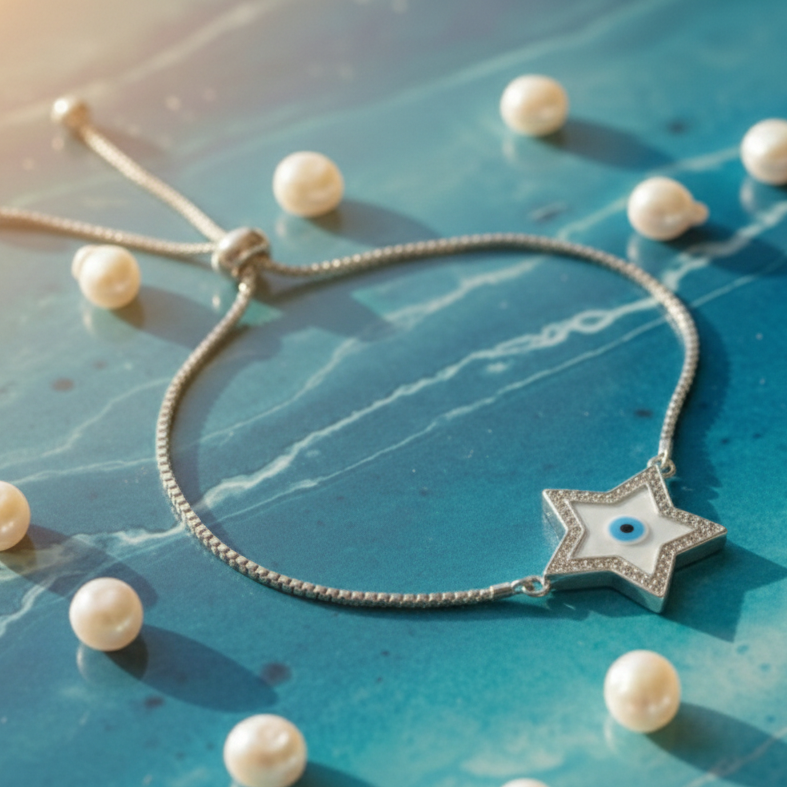 Star & Evil Eye Adjustable Bracelet in 925 Sterling Silver