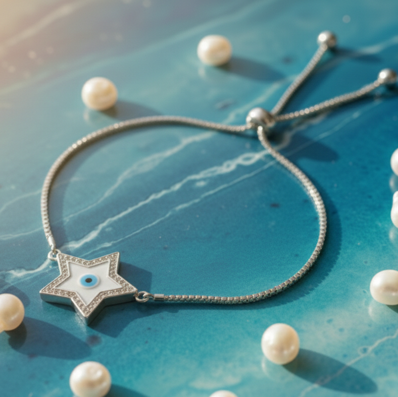 Star & Evil Eye Adjustable Bracelet in 925 Sterling Silver