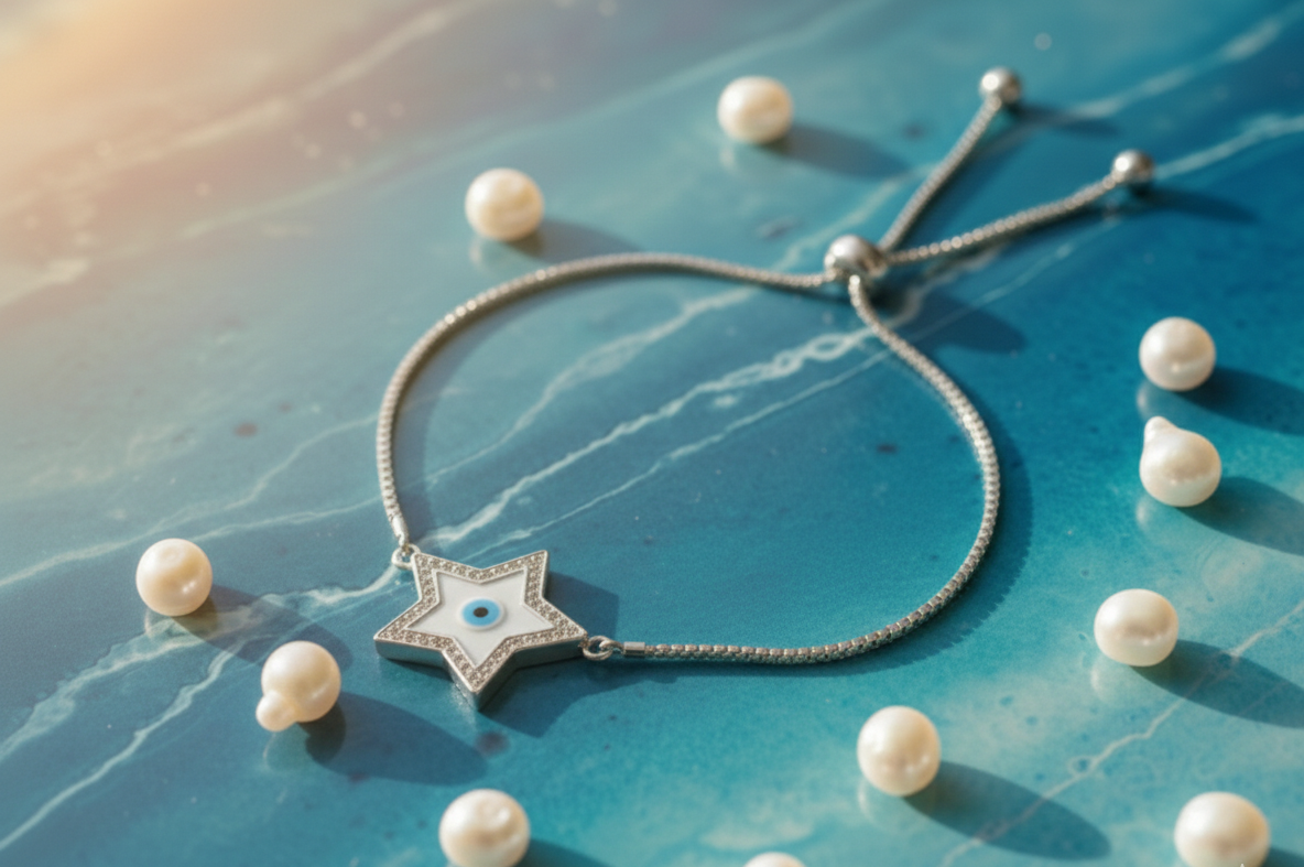 Star & Evil Eye Adjustable Bracelet in 925 Sterling Silver