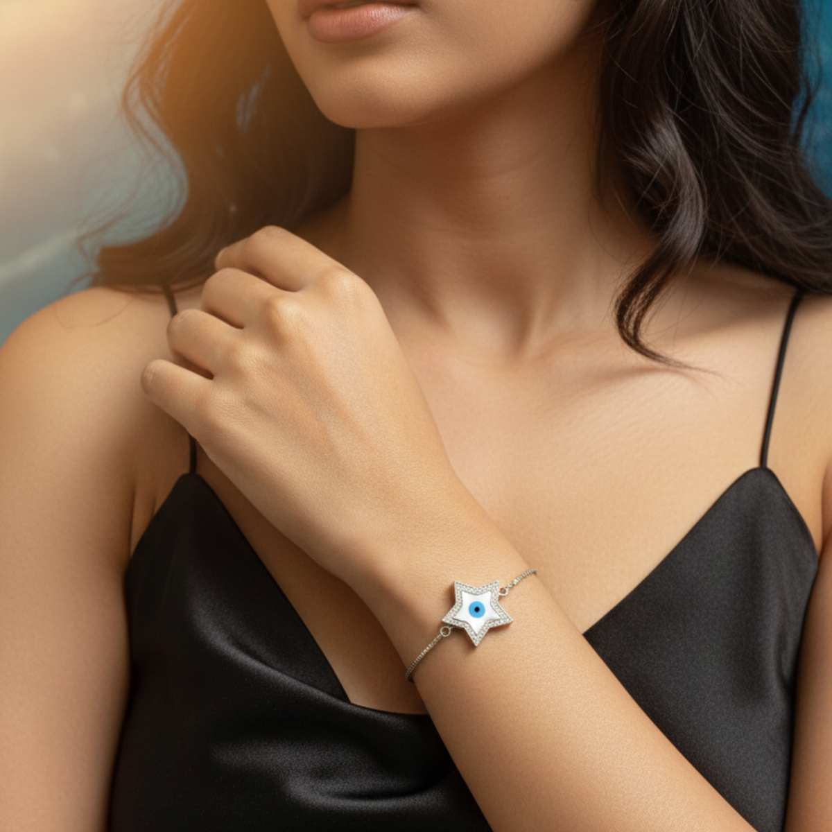 Star & Evil Eye Adjustable Bracelet in 925 Sterling Silver