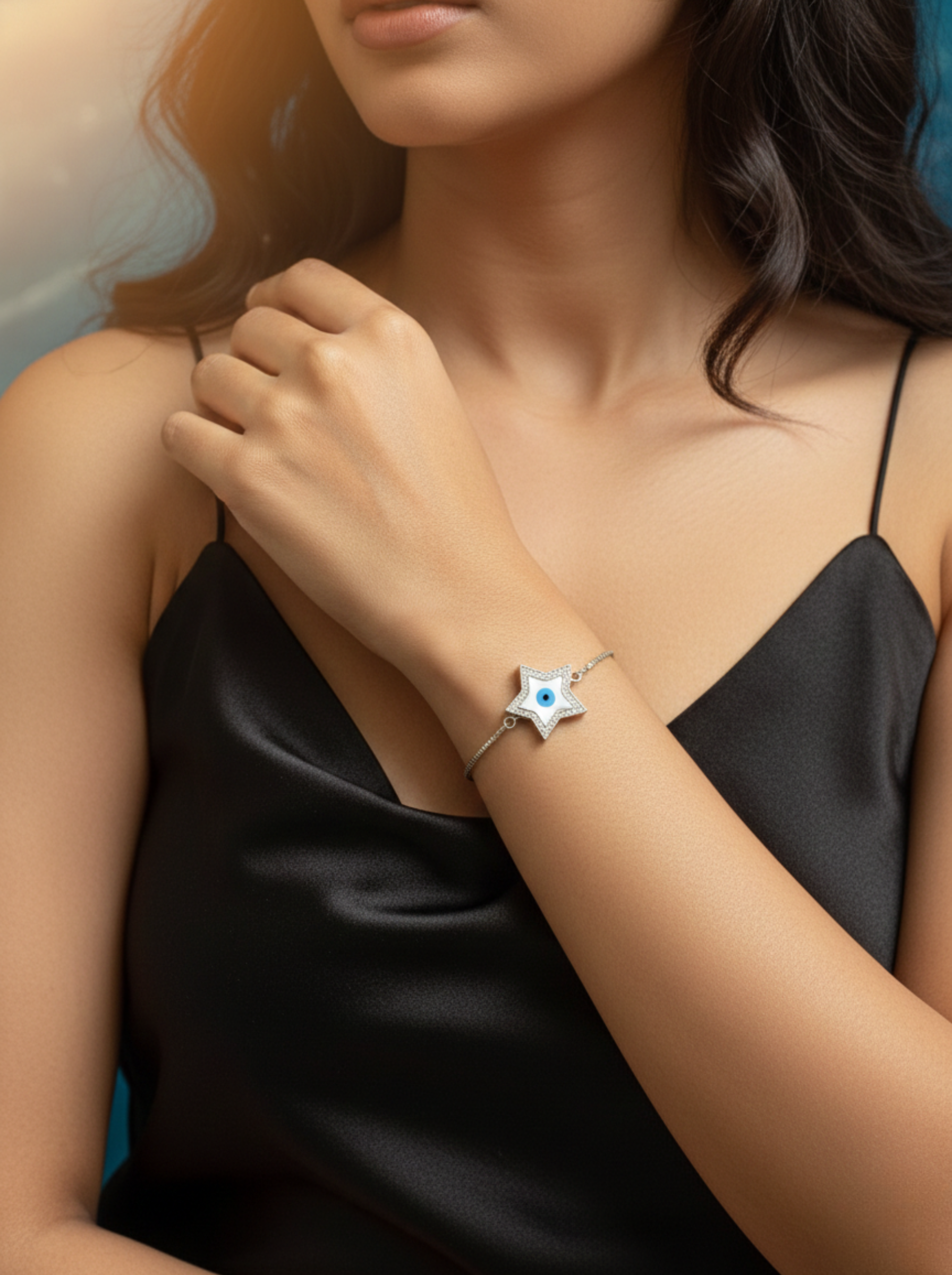Star & Evil Eye Adjustable Bracelet in 925 Sterling Silver