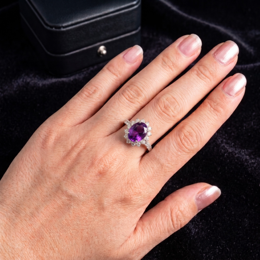 Amethyst Sunburst Ring in 925 Sterling Silver