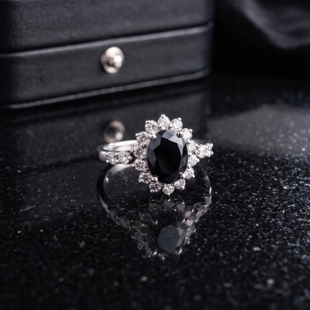 Black Onyx Sunburst Ring in 925 Sterling Silver