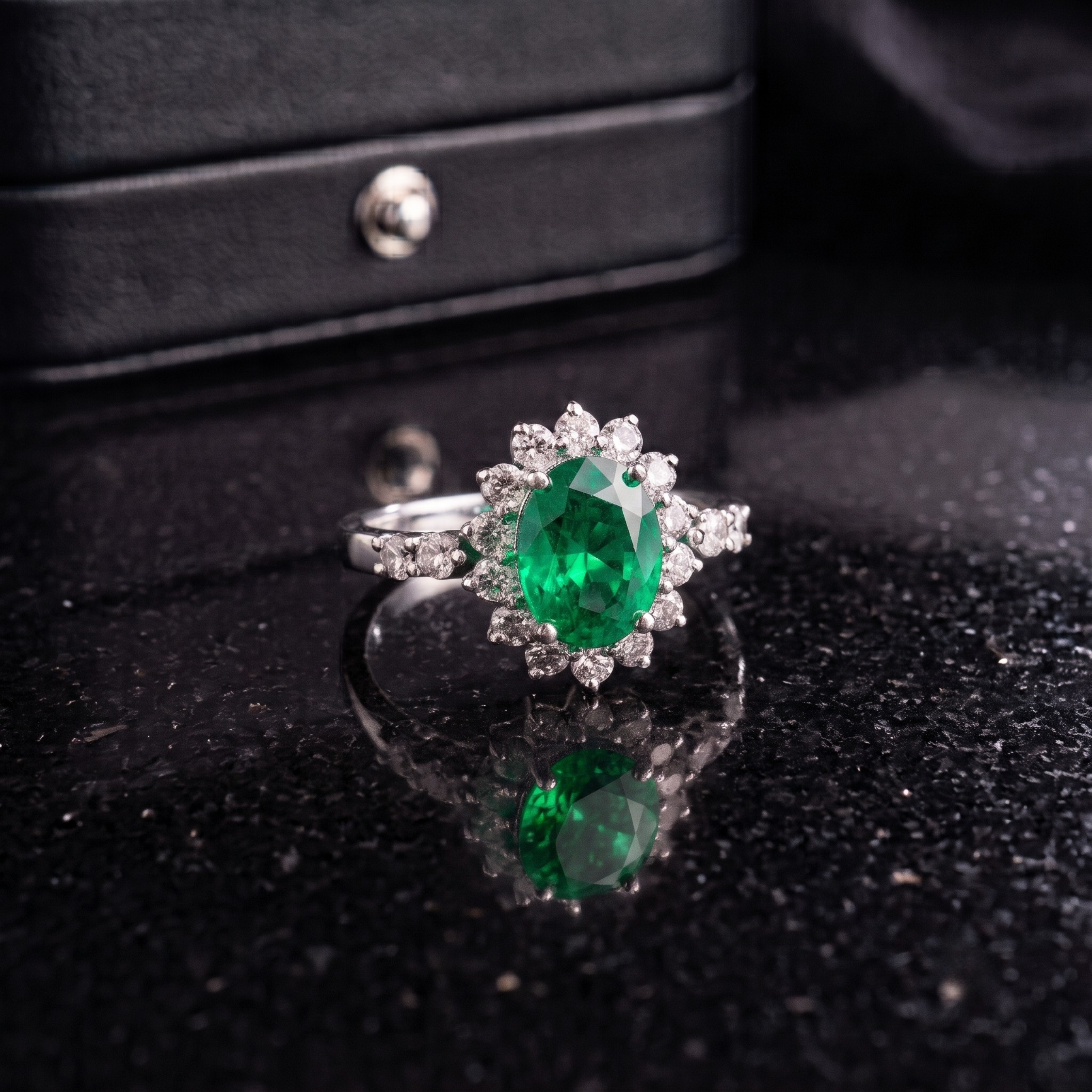 Emerald Green Sunburst Ring in 925 Sterling Silver