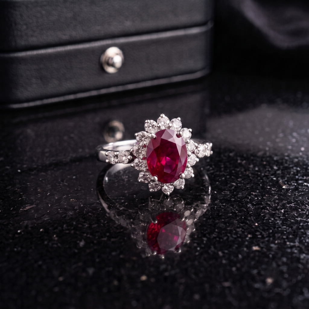 Ruby Red Sunburst Ring in 925 Sterling Silver