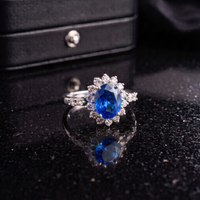 Blue Sapphire Sunburst Ring in 925 Sterling Silver