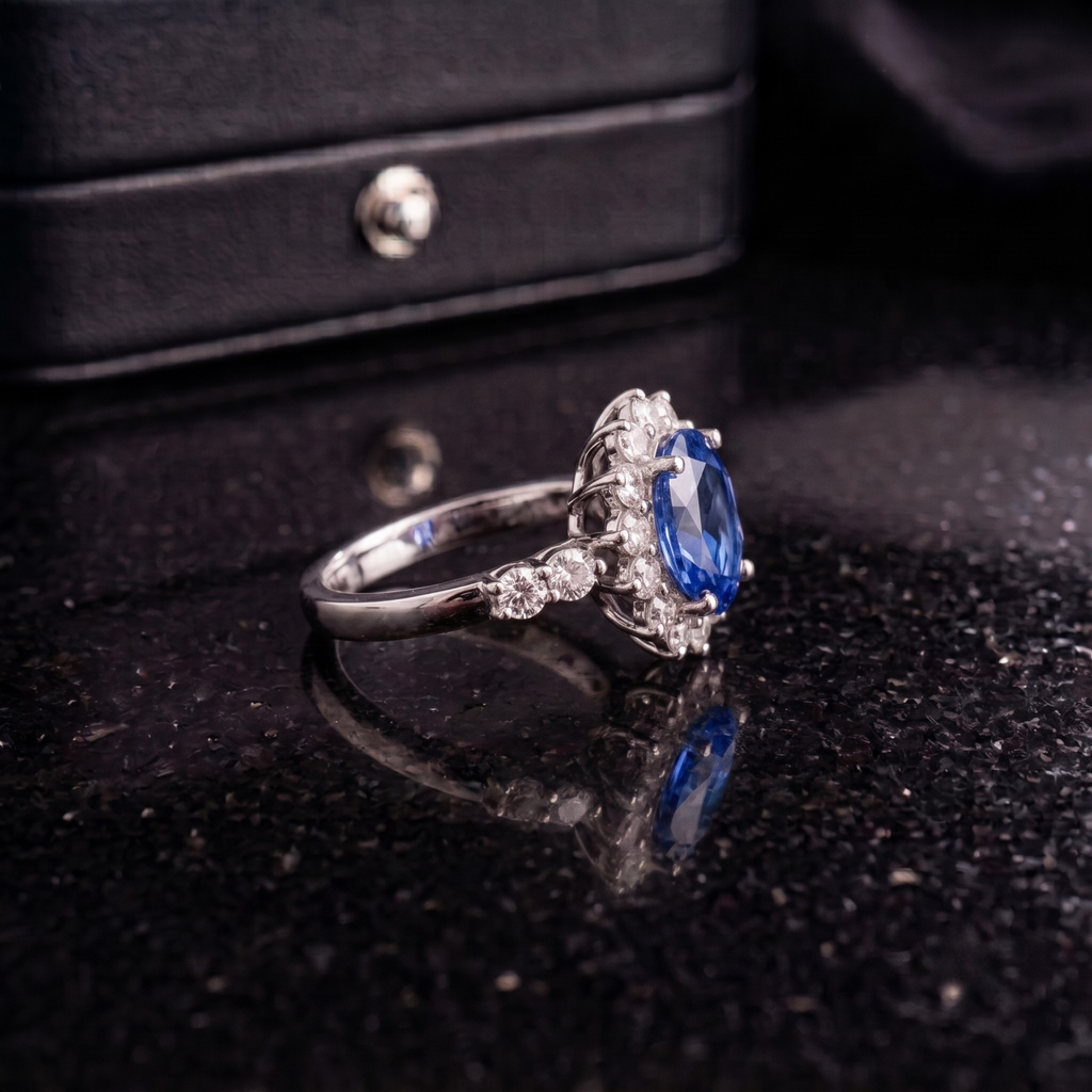 Blue Sapphire Sunburst Ring in 925 Sterling Silver