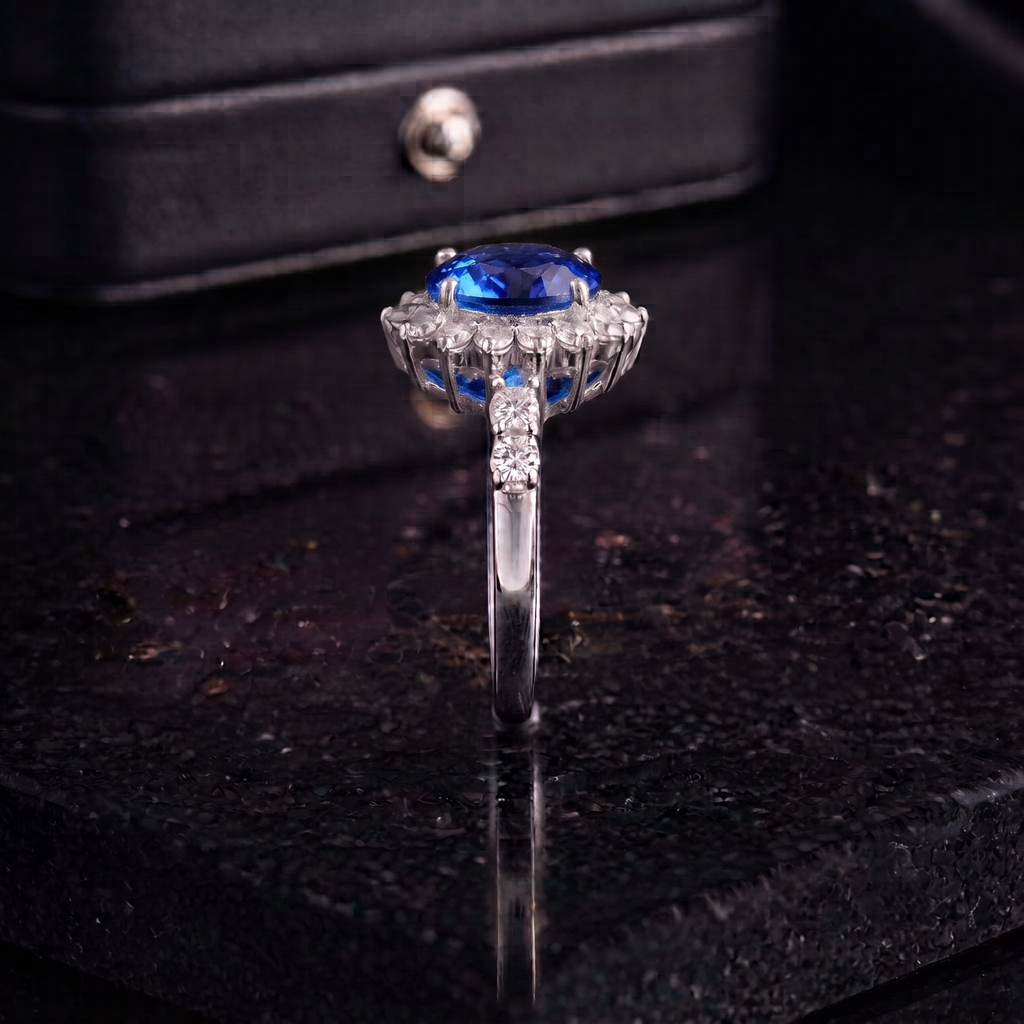 Blue Sapphire Sunburst Ring in 925 Sterling Silver