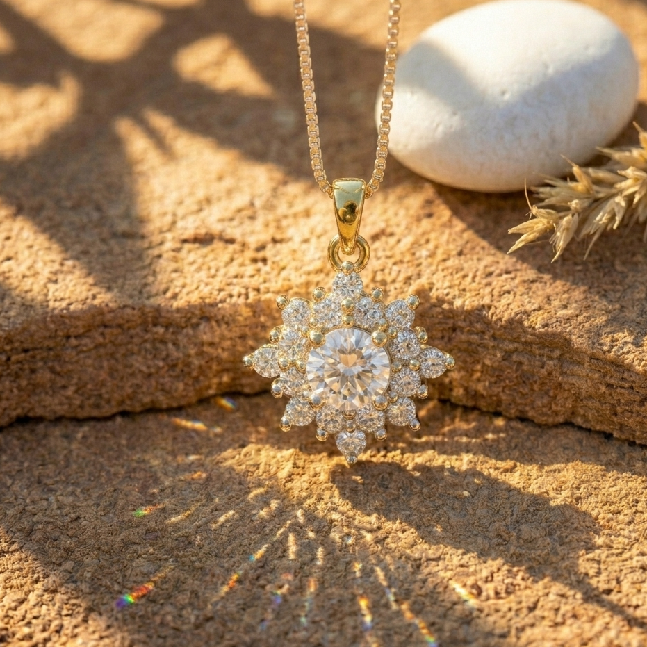 Radiant Sunburst Halo Pendant | 925 Sterling Silver