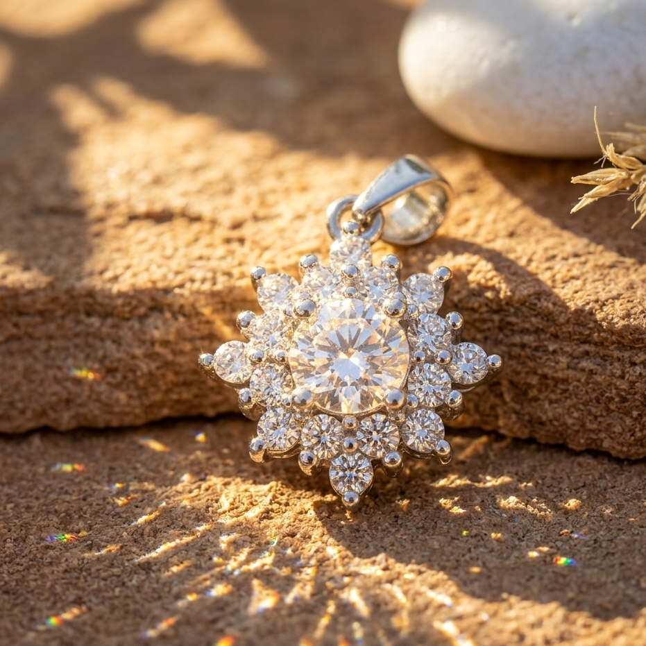 Radiant Sunburst Halo Pendant | 925 Sterling Silver