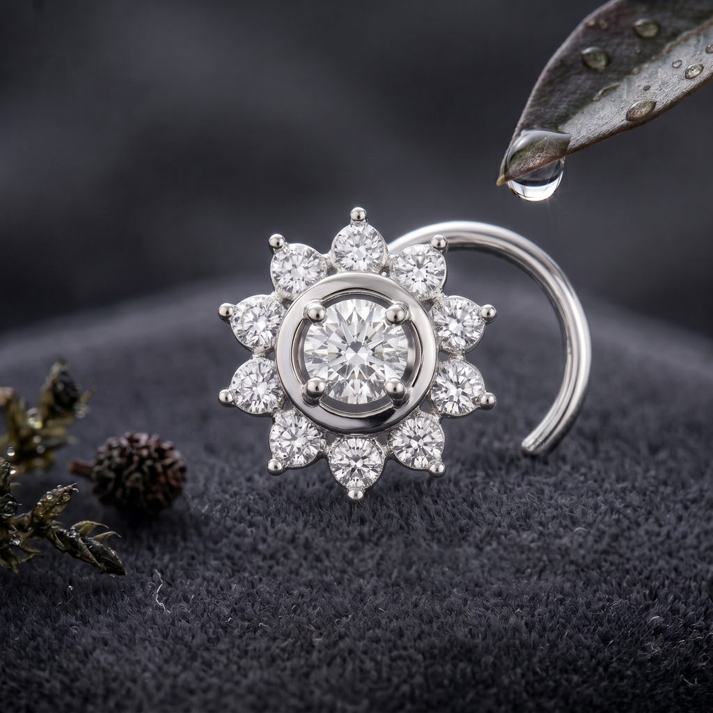 Sunburst Halo Nose Pin in 925 Sterling Silver