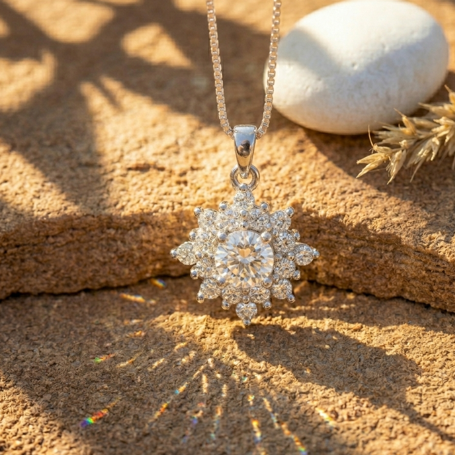 Radiant Sunburst Halo Pendant | 925 Sterling Silver