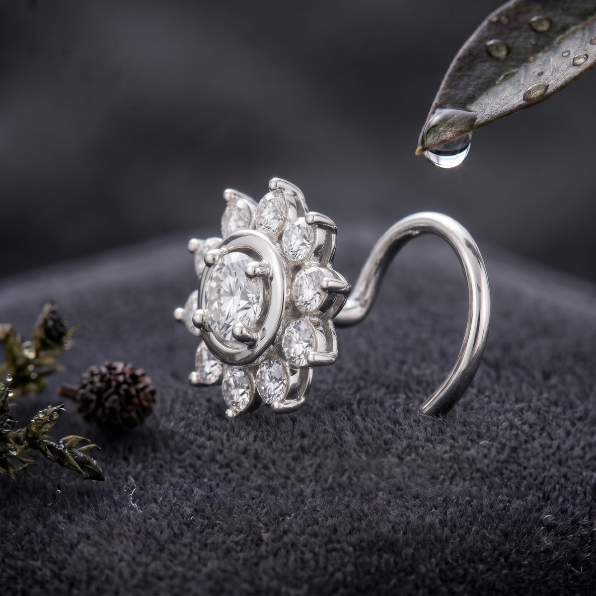 Sunburst Halo Nose Pin in 925 Sterling Silver
