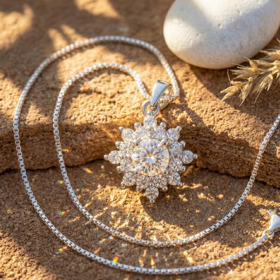 Radiant Sunburst Halo Pendant | 925 Sterling Silver