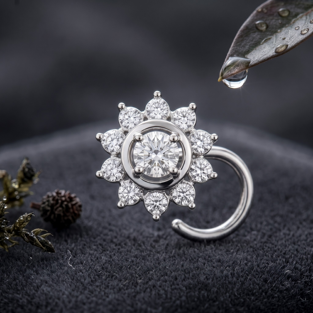 Sunburst Halo Nose Pin in 925 Sterling Silver