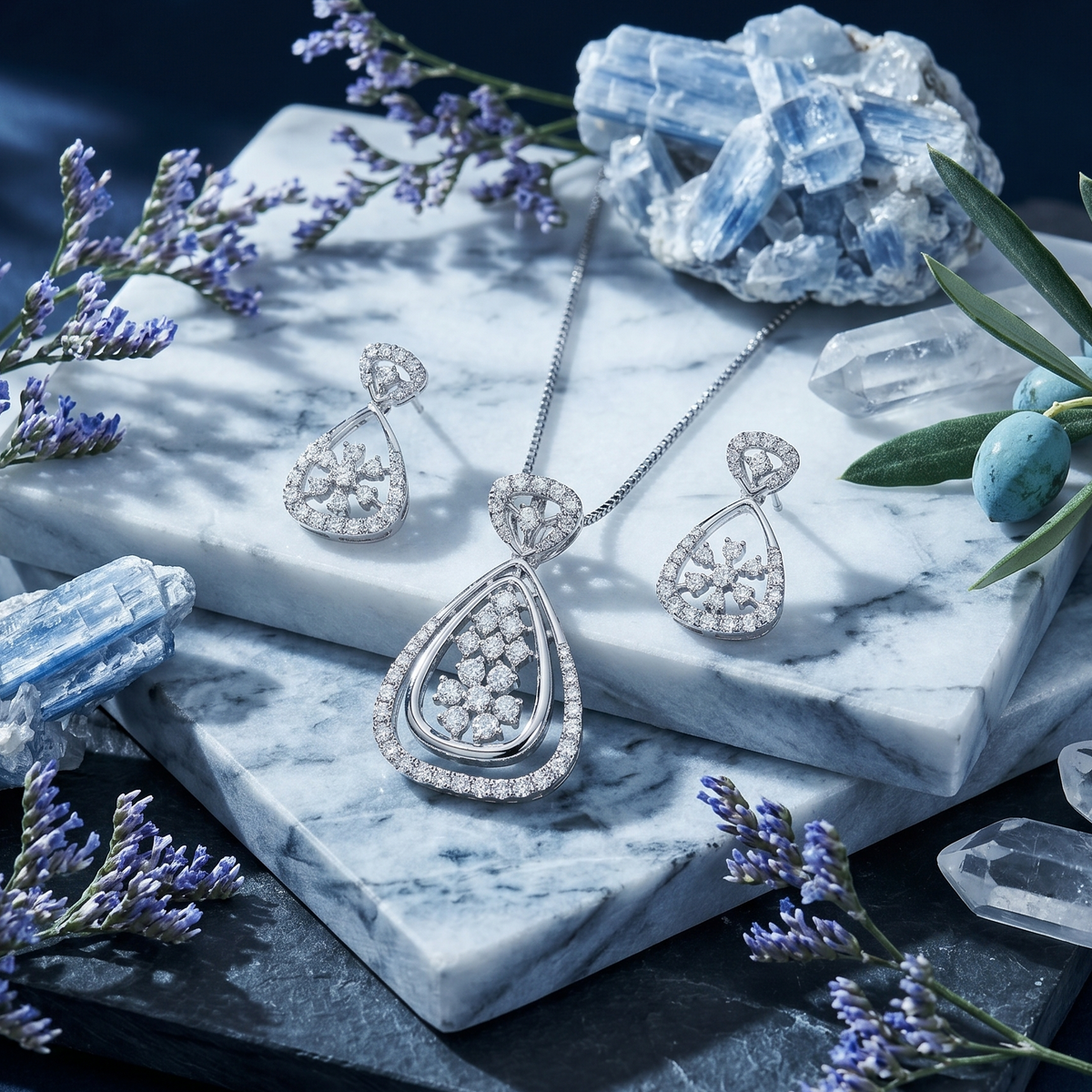 Teardrop Floral Pendant Set in 925 Sterling Silver