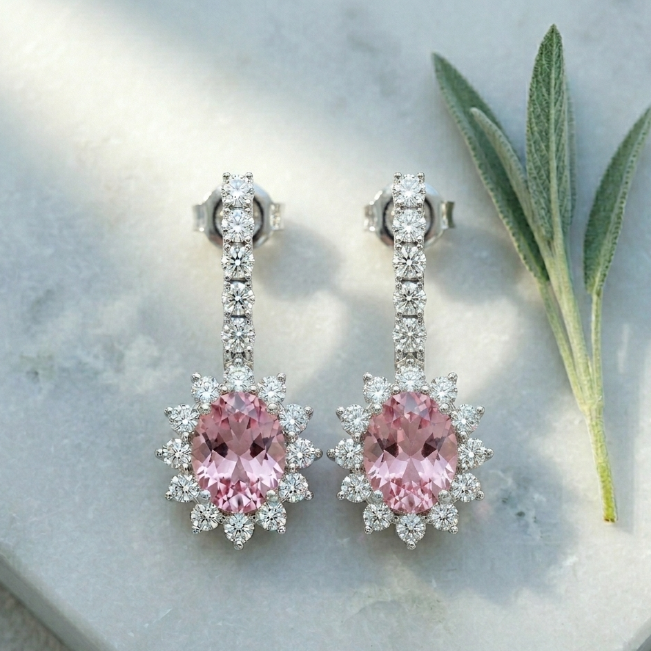 Elegant Blush Tourmaline Halo Drop Earrings - 925 Sterling Silver