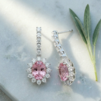 Elegant Blush Tourmaline Halo Drop Earrings - 925 Sterling Silver