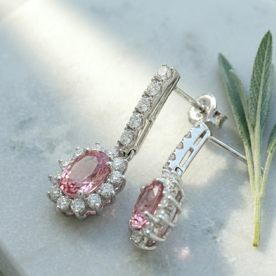 Elegant Blush Tourmaline Halo Drop Earrings - 925 Sterling Silver