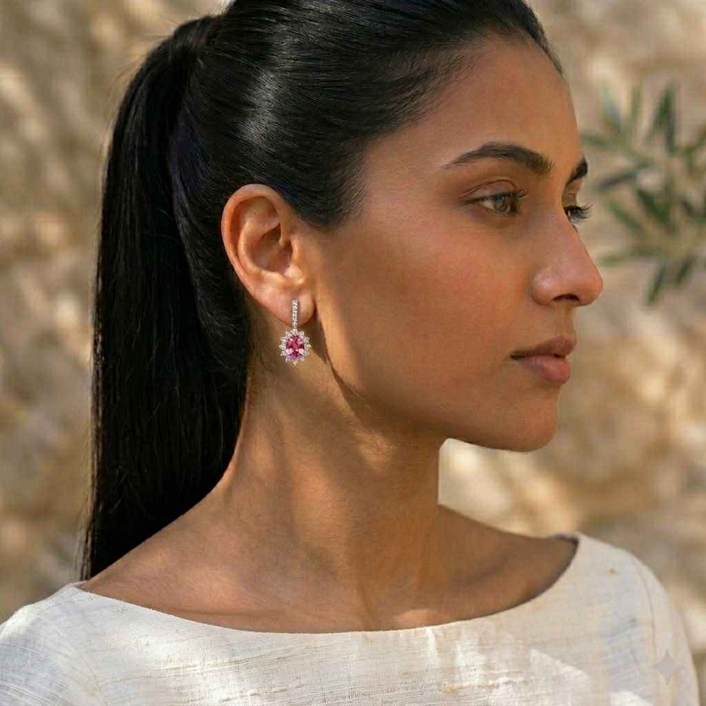 Elegant Blush Tourmaline Halo Drop Earrings - 925 Sterling Silver