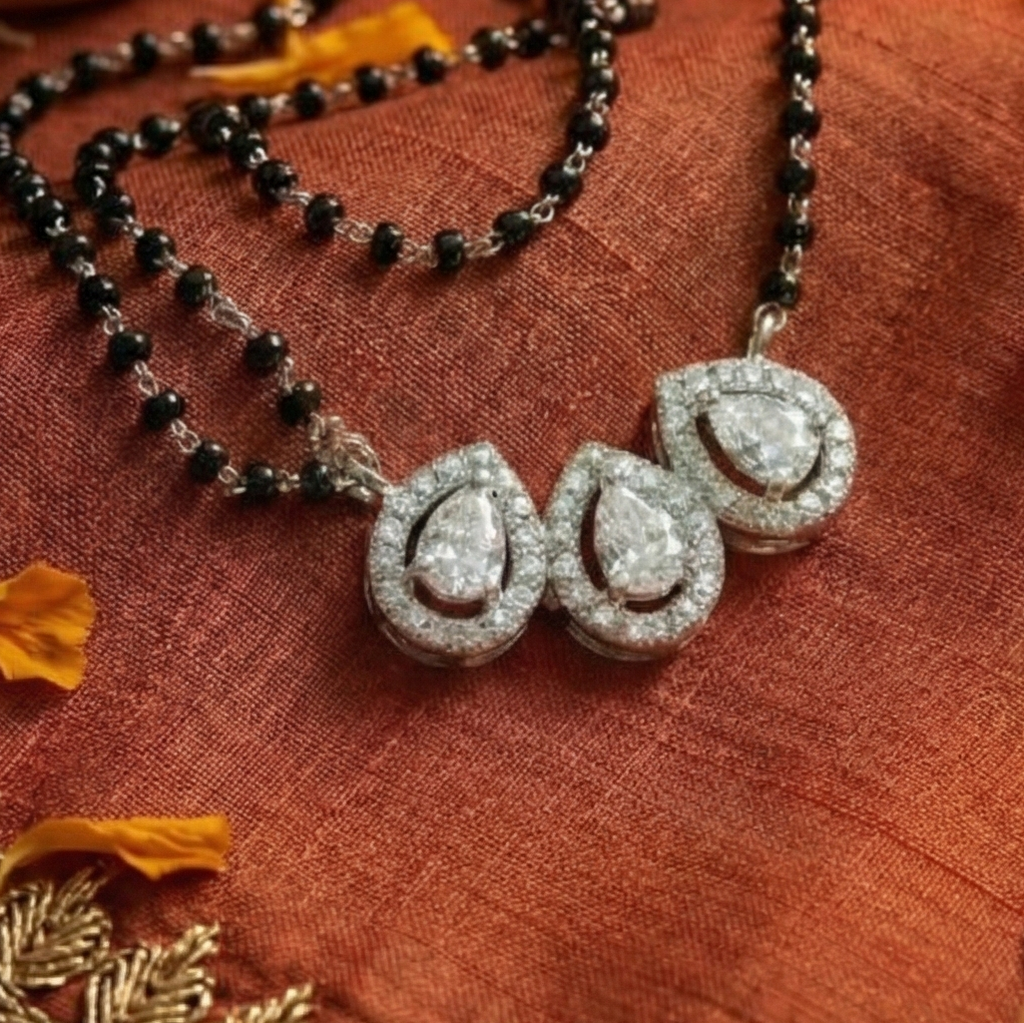 Trinity Pear Drop Halo CZ Mangalsutra Pendant in 925 Sterling Silver